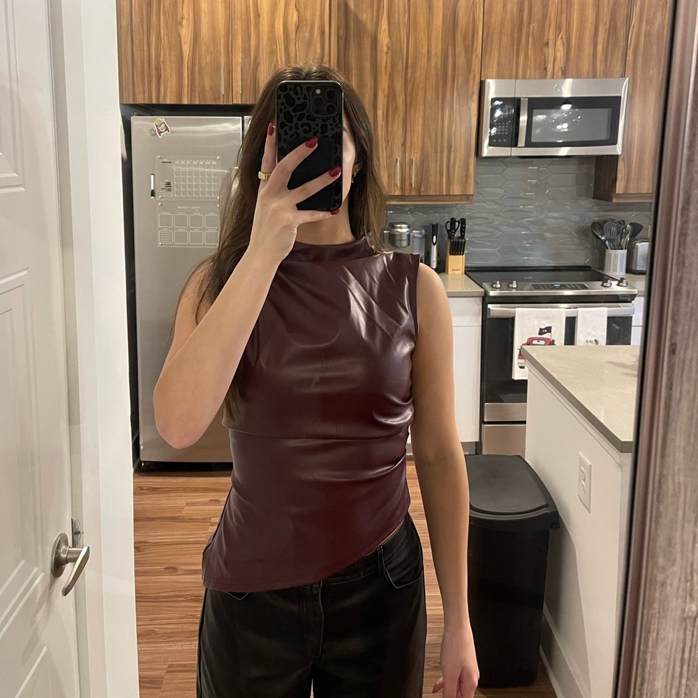Red Faux Leather High Neck Top